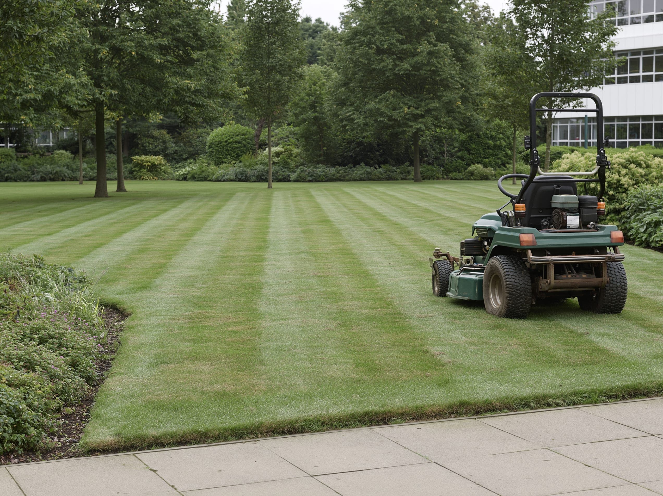 Freshly mown commercial grounds with crisp edges