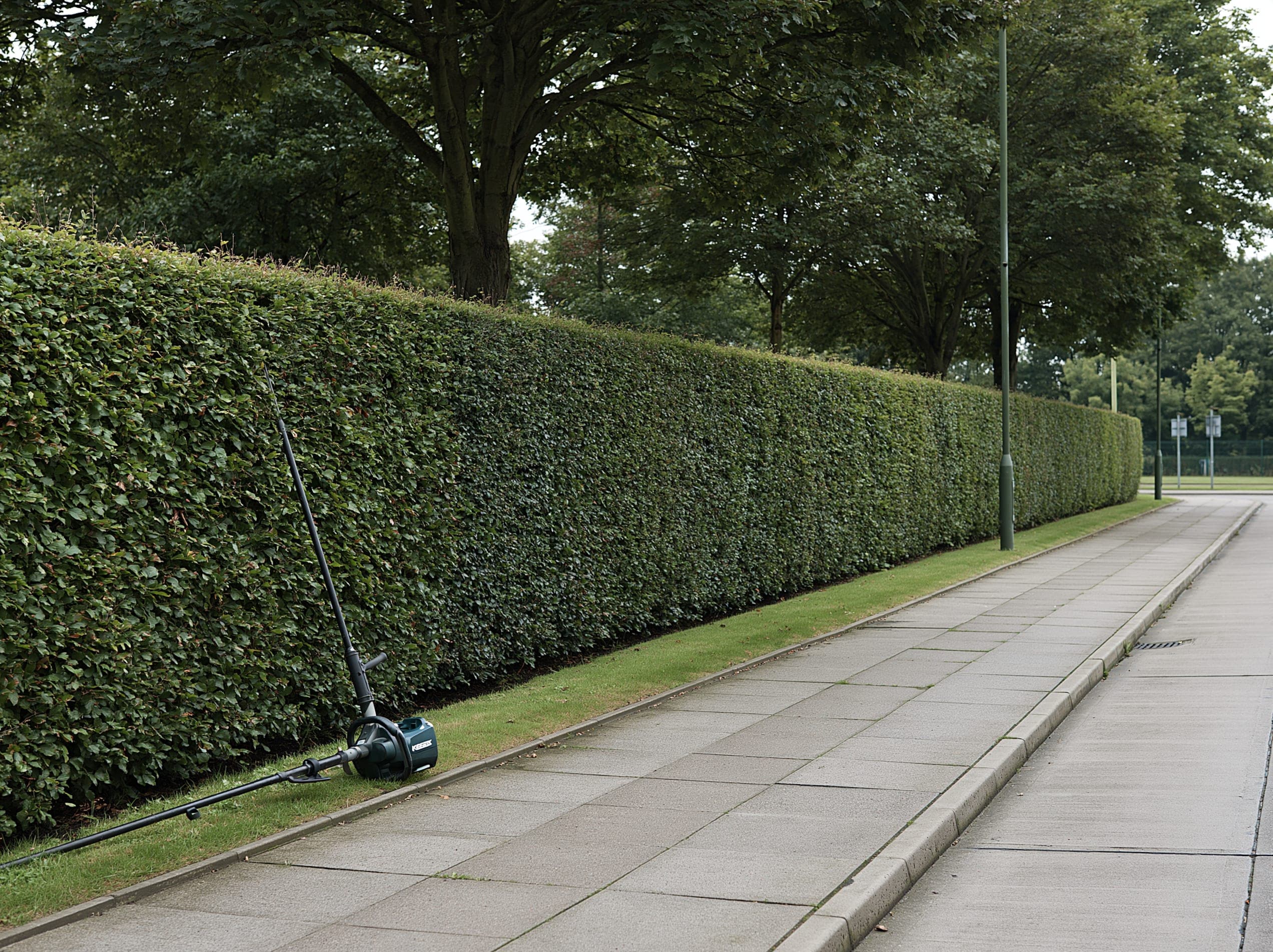 Freshly trimmed commercial hedge and mature trees