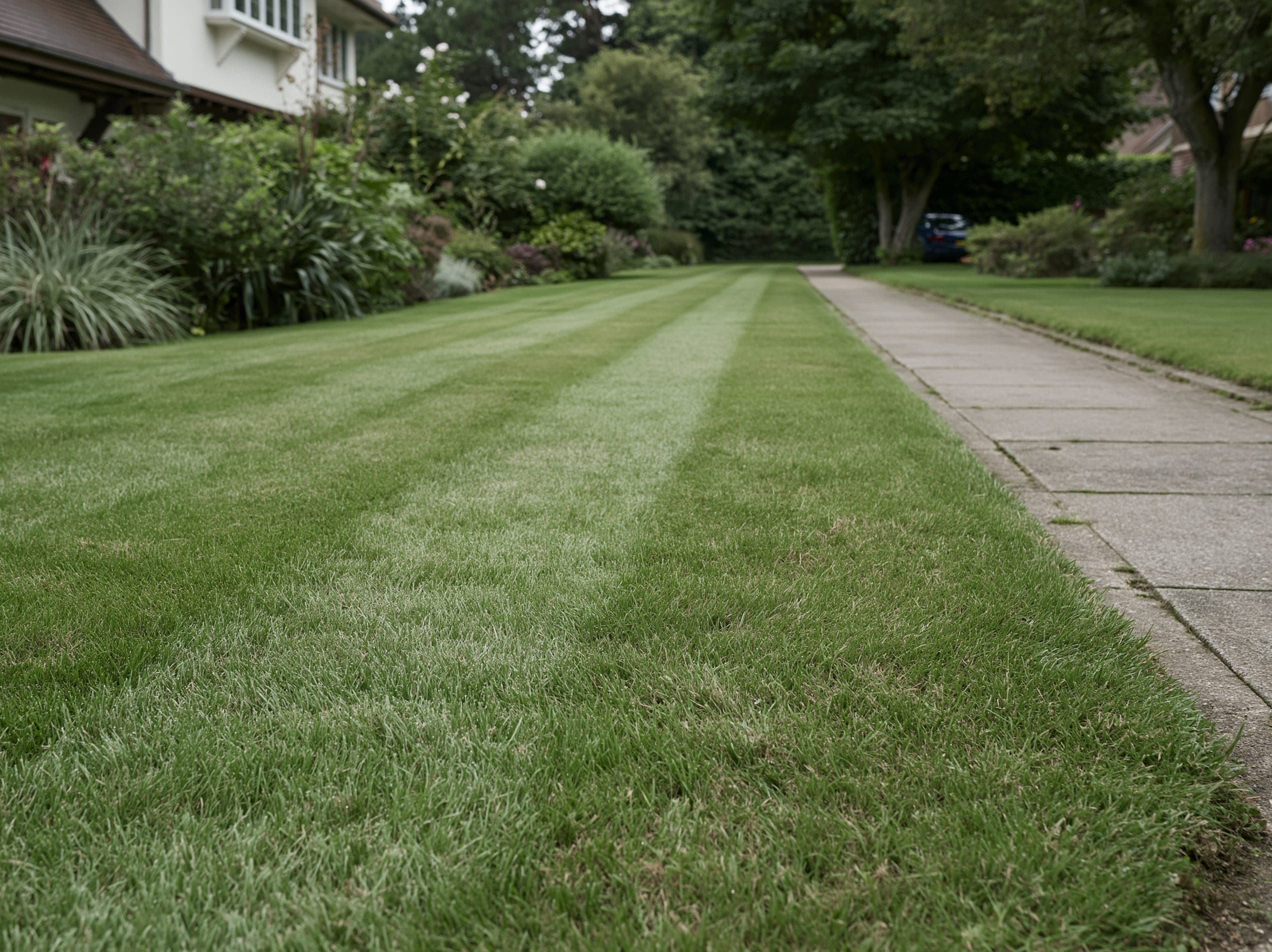 Pristine maintained estate lawn with crisp mowing stripes